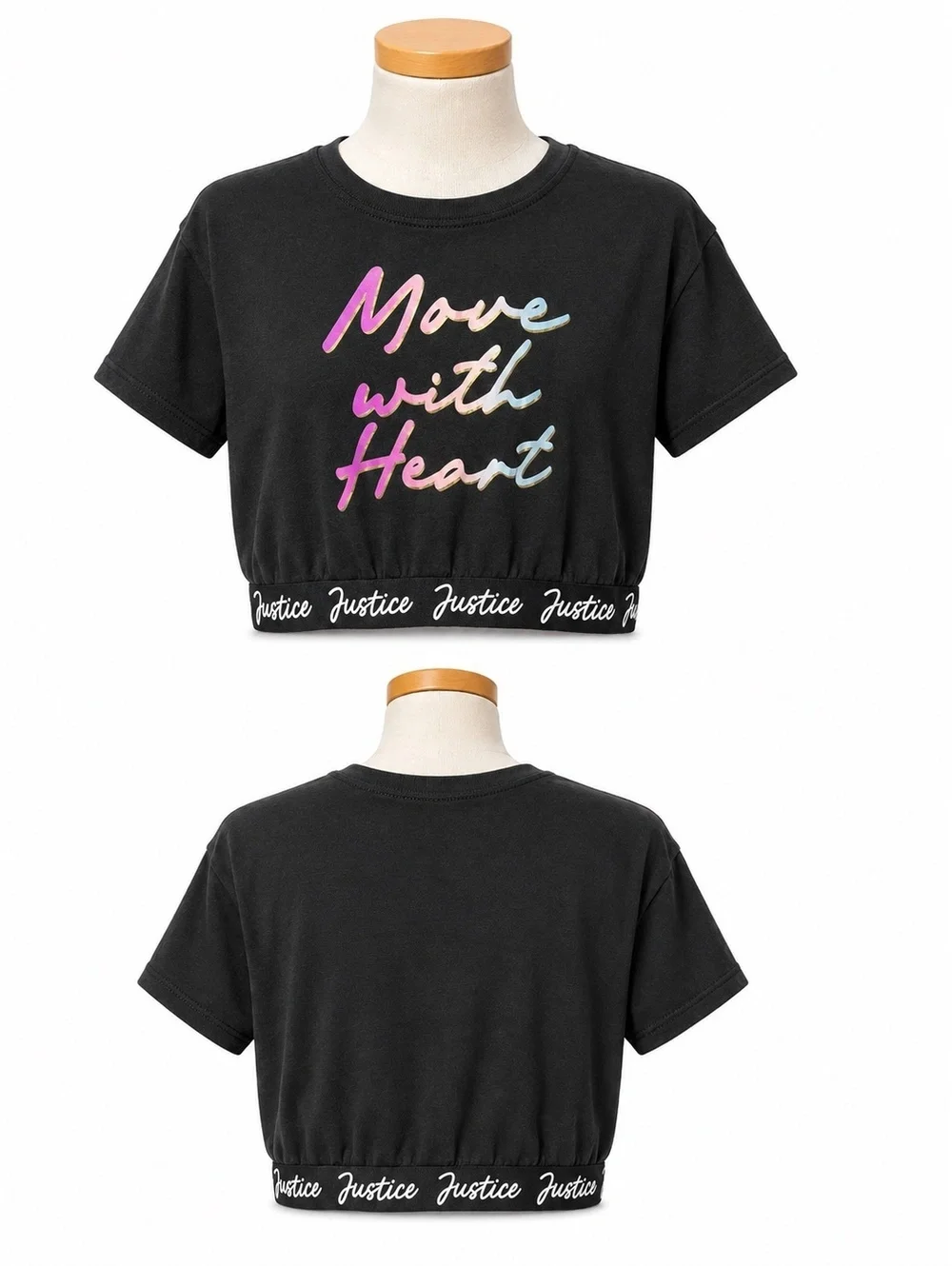 Justice Girls' Black Crop Top T-Shirt Size L (12/14) with 'Move with Heart' Mult